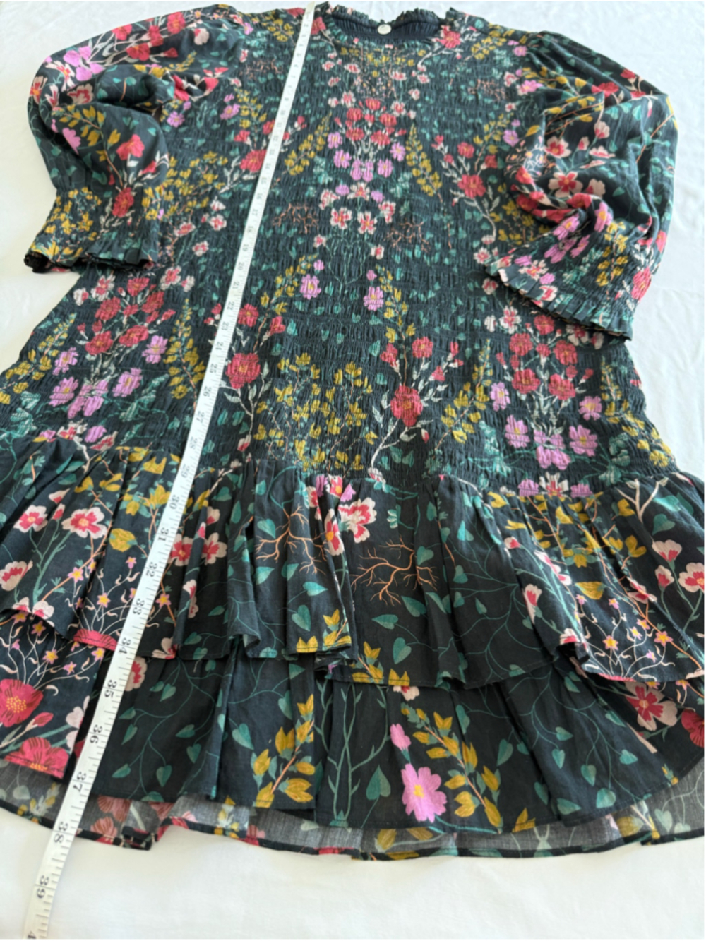 Women's Margaret O'Leary Floral Long Sleeve Smocked Dress, Size L, Black/Pink - Picture 9 of 10
